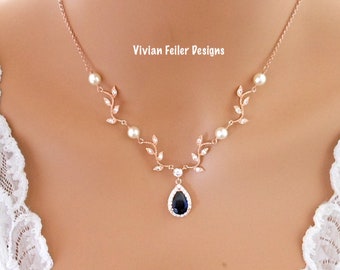 Blue Sapphire Necklace VINE Rose Gold Bridal Wedding Necklace Jewelry White or Ivory PEARLS Cubic Zirconia
