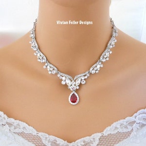 RED Wedding Necklace Bridal Jewelry Set Crystal Tear Drop Jewelry Red Clear Statement Necklace