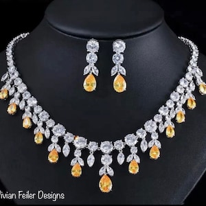 Yellow Citrine Bridal Jewelry Set NECKLACE EARRINGS Vintage Teardrops Diamonds Wedding Jewelry Cubic Zirconia BLING