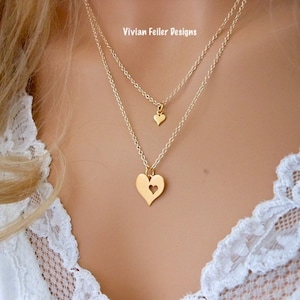 Mother Daughter Necklace Set 24K Gold over SS 2 Necklaces 14K Gold fill Two Hearts Mother's Day Gift Christmas Gift