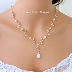 Wedding Necklace Pearl Rose Gold Y Bridal VINE LEAF BACKDROP Cubic Zirconia Maid of Honor Mother of the Bride