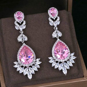 PINK Earrings Wedding Earrings BRIDAL STATEMENT Glamorous Tear Drop ...