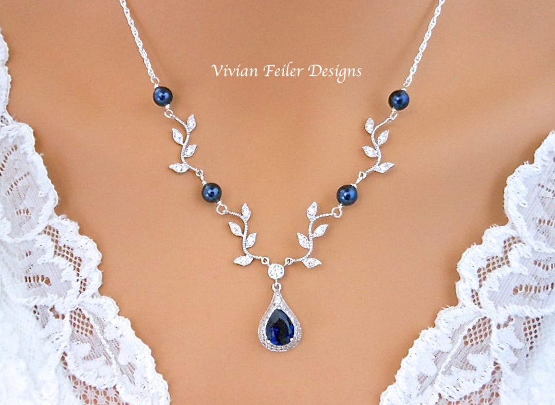 Navy BLUE Wedding Necklace VINE Necklace Sapphire Blue Y Bridal