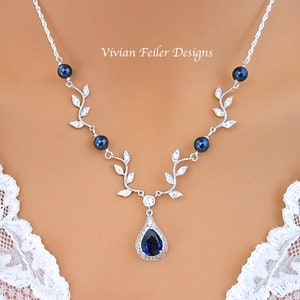 Navy BLUE Wedding Necklace VINE Necklace Sapphire Blue Y Bridal Jewelry White or Ivory PEARLS Sterling Silver