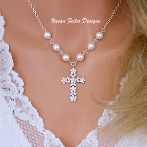 Cross Necklace Pearls Cubic Zirconia Wedding Jewelry Bridal Wedding Necklace Jewellery Y Necklace