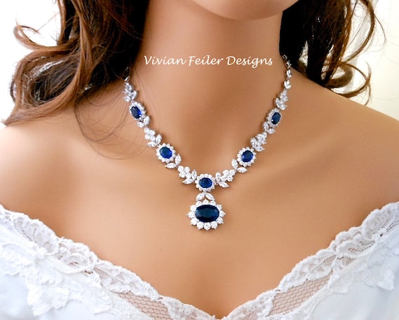 Sapphire Blue Wedding Jewelry Set Bridal NECKLACE and EARRINGS 