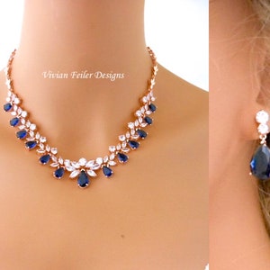 Rose Gold Bridal Jewelry Set Sapphire Blue Wedding NECKLACE and EARRINGS Silver or Rose Gold Navy Blue Flower Wedding Jewelry Cubic Zirconia