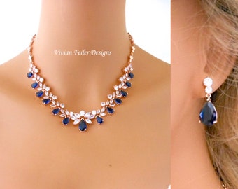 Rose Gold Bridal Jewelry Set Sapphire Blue Wedding NECKLACE and EARRINGS Silver or Rose Gold Navy Blue Flower Wedding Jewelry Cubic Zirconia