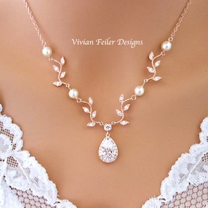 Wedding Necklace Y Bridal VINE Necklace Rose Gold Jewelry White or Ivory PEARLS Cubic Zirconia