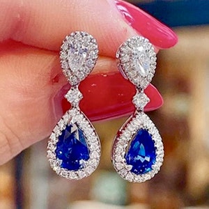 Bridal BLUE Sapphire Earrings Teardrop SPARKLY Vintage Style Luxury Cubic Zirconia Fancy Pageant Earrings Wedding Jewelry