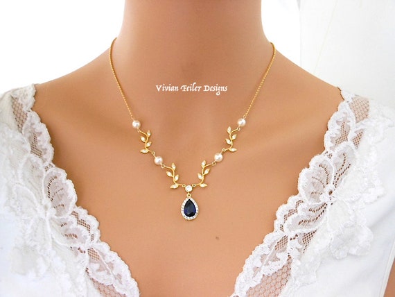 Sapphire and Yellow Gold Vine Necklace for Bride Pearl Bridal