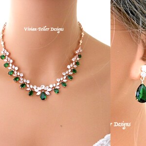 Rose Gold Emerald Green Bridal Jewelry Set Wedding NECKLACE and EARRINGS Flower Wedding Jewelry Cubic Zirconia