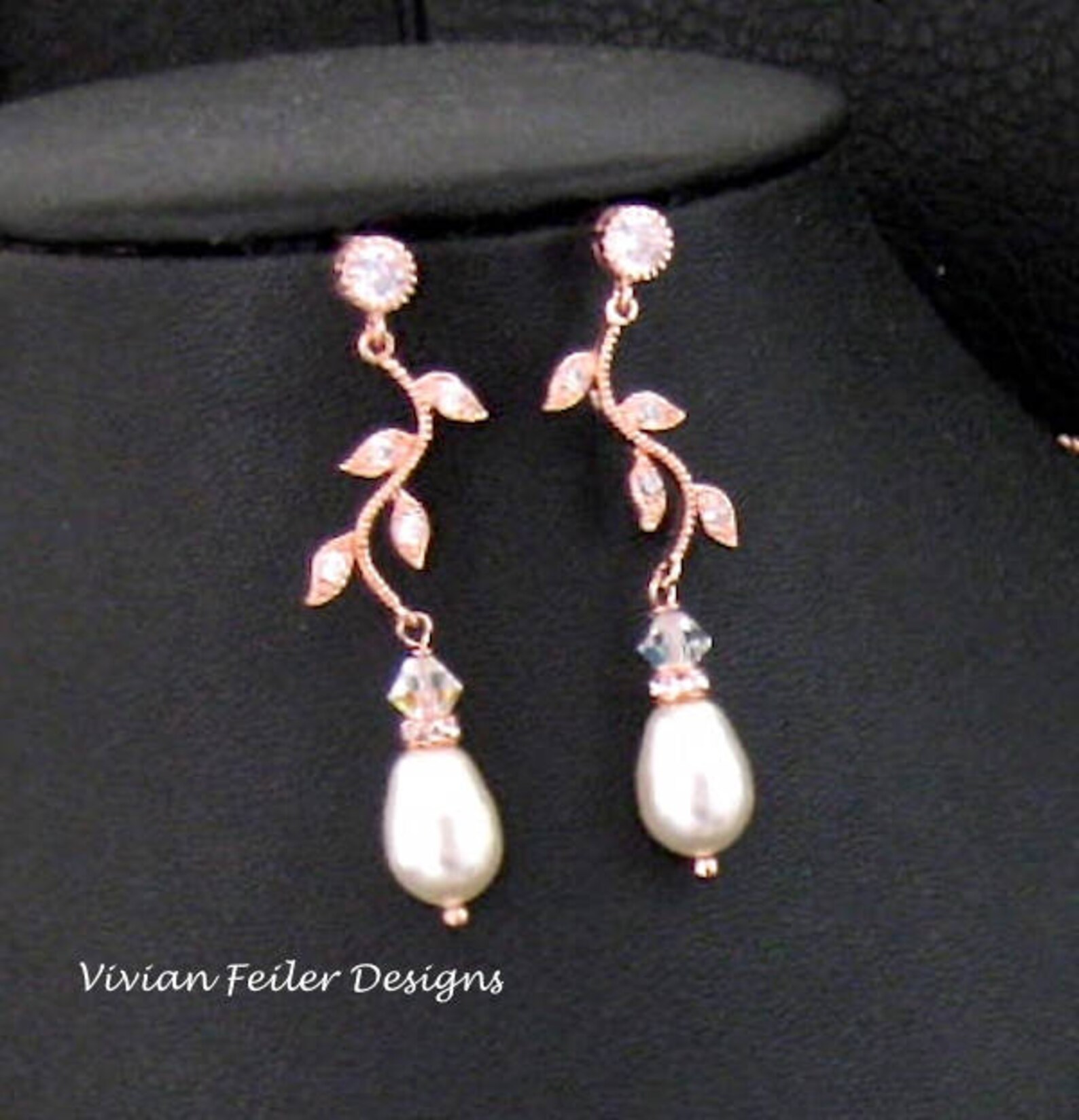 Rose Gold Wedding Earrings VINE Earrings PEARL DROP Cubic Etsy
