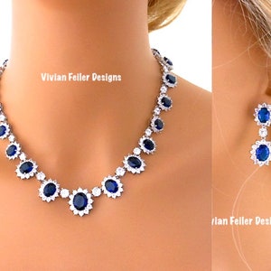 BLUE Wedding Jewelry Set Sapphire Blue Bridal NECKLACE and EARRINGS Silver Navy Blue Cubic Zirconia Mother of the Bride