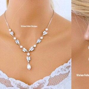 Bridal Jewelry Set for Bride PEARL Y Cubic Zirconia Necklace Backdrop Earrings Bracelet