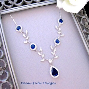 Sapphire Blue Wedding Necklace VINE Y Necklace Bridal Jewelry Halo Sterling Silver