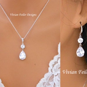 Bridal Jewelry Set Necklace and Earrings Teardrop Cubic Zirconia Available in Silver, Rose Gold and Gold