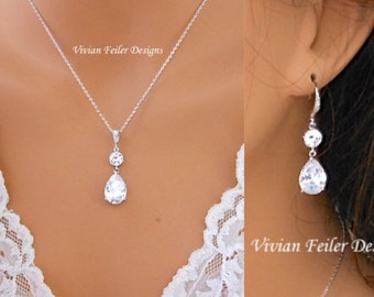 Bridal Jewelry Set Necklace and Earrings Teardrop Cubic Zirconia Available in Silver, Rose Gold and Gold