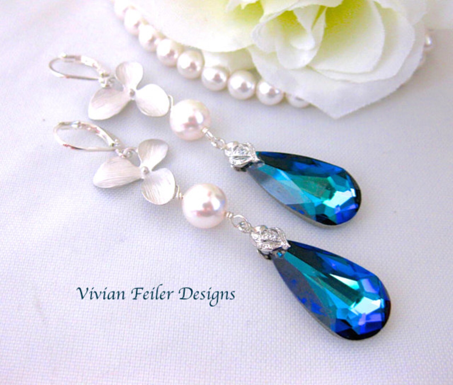 PEACOCK EARRINGS Blue Wedding Earrings ORCHID Flowers Etsy
