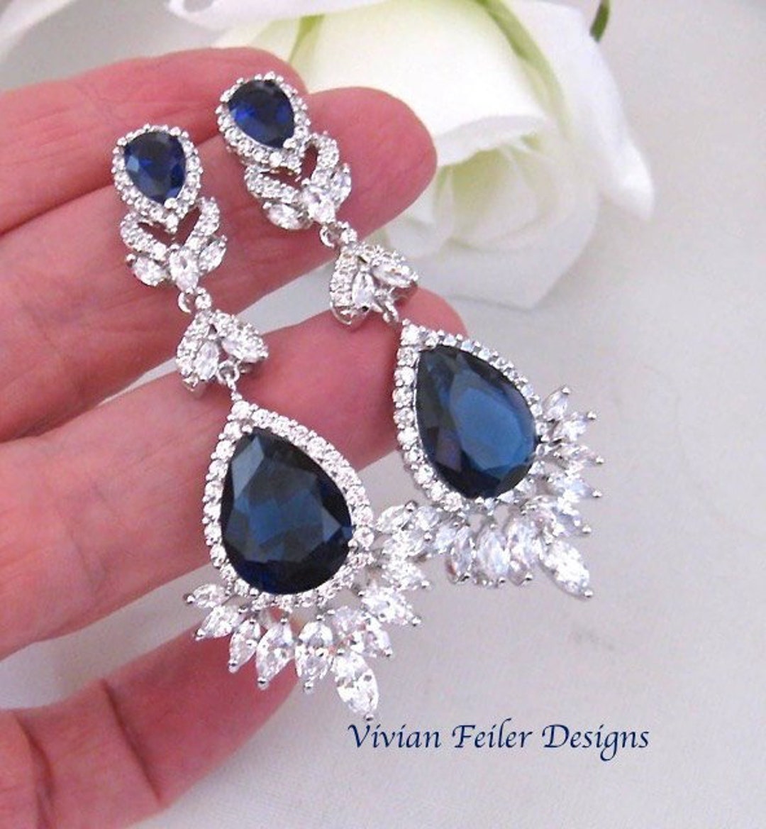 Blue Wedding Earrings SAPPHIRE BLUE Bridal Earrings STATEMENT Glamorous Tear Drop Pageant