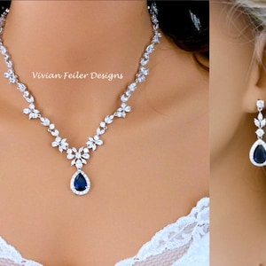 Blue Wedding Jewelry Set Necklace and Earrings SAPPHIRE BLUE Cubic Zirconia Jewelry Mother of the Bride