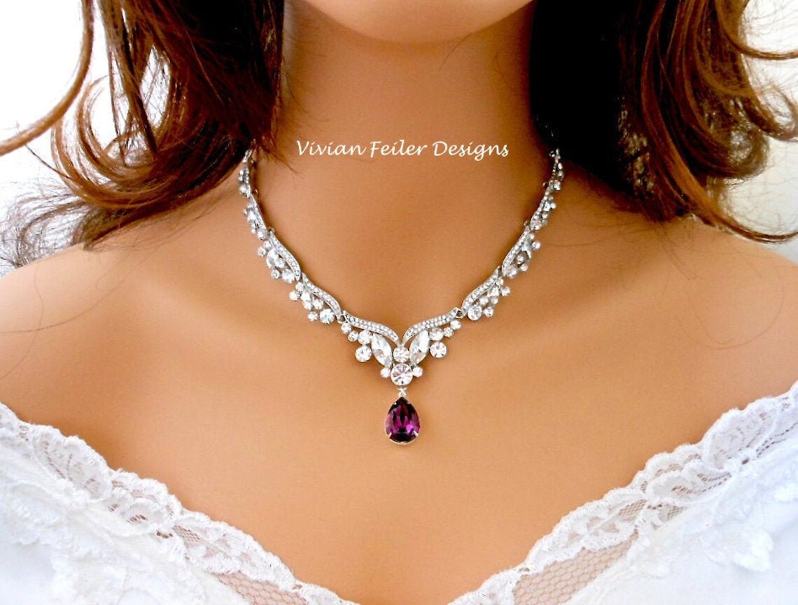 Purple Wedding Necklace Bridal Necklace Amethyst Eggplant Tear Etsy
