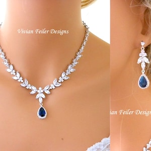 Sapphire Blue Jewelry Set Necklace and Earrings Blue Wedding SILVER or ROSE GOLD Cubic Zirconia Mother of the Bride