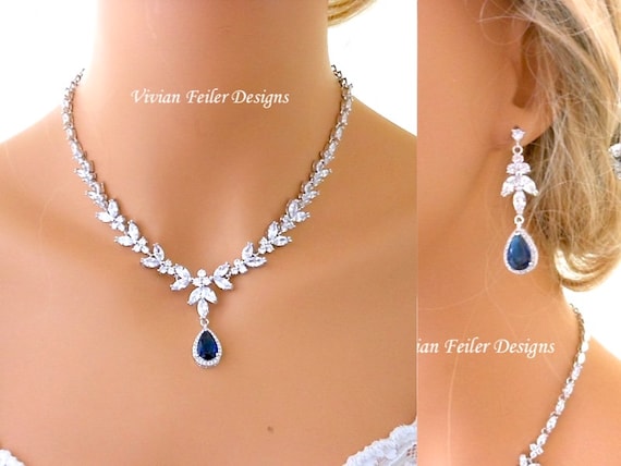 Amazon.com: Mariell Bridal Wedding Necklace and Earring Set, Sapphire Blue  CZ Pendant and Drop Earrings for Brides: Clothing, Shoes & Jewelry