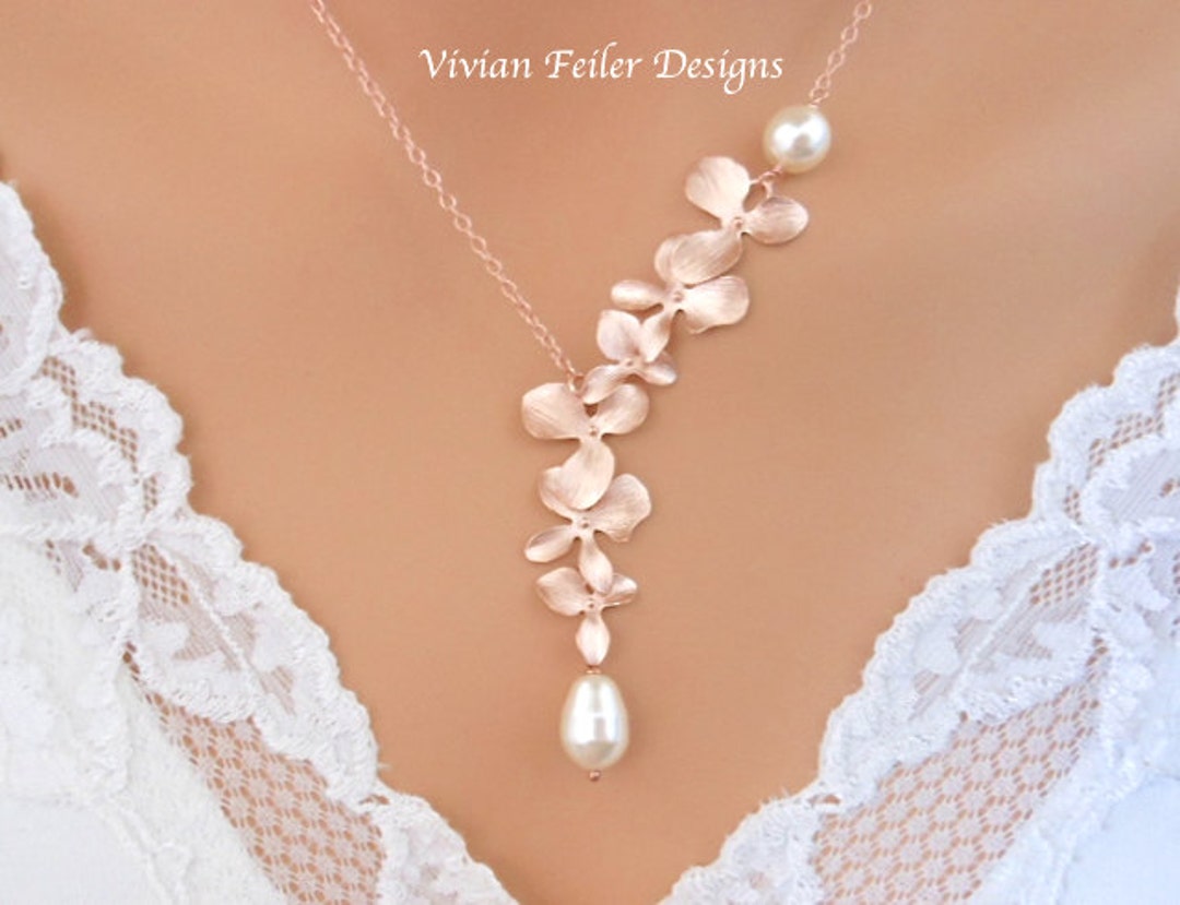 Orchid Flower Necklace With Teardrop Pearl - Bridal Jewelry & Bridesmaid Gifts