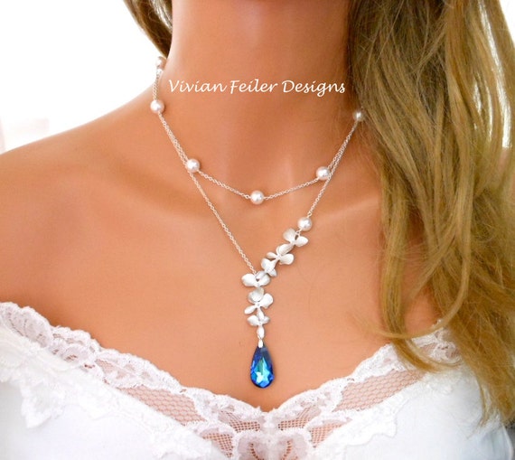 GPD Blue Pearl Necklace and Earrings Double Strand Baby Blue Pearl Necklace Set Blue Pearl Wedding Set
