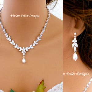 Bridal Jewelry Set PEARL Necklace and Earrings Cubic Zirconia Jewelry Mother of the Bride