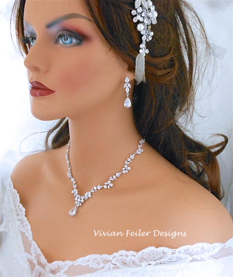 Bridal Jewelry Set Necklace Earrings PEARL Vintage Cubic Zirconia Jewelry Wedding Jewelry Set