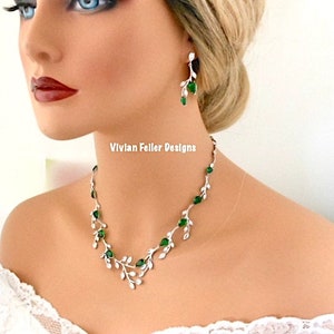 Emerald Green Jewelry SET VINE Marquise Bridal Necklace and Earrings Cubic Zirconia