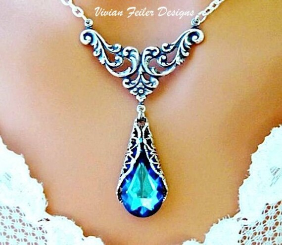 Blue Necklace PEACOCK Victorian Necklace Jewelry Bridesmaid | Etsy