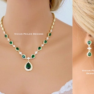 Gold GREEN Necklace and Earrings for Wedding Bridal Jewelry Set Cubic Zirconia Mother of the Bride/Groom