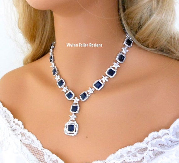 Navy blue necklace and shop earring set
