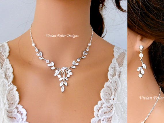 Intricate Silver CZ Marquise Stone Crystal Bridal Necklace Wedding Jewelry Set 