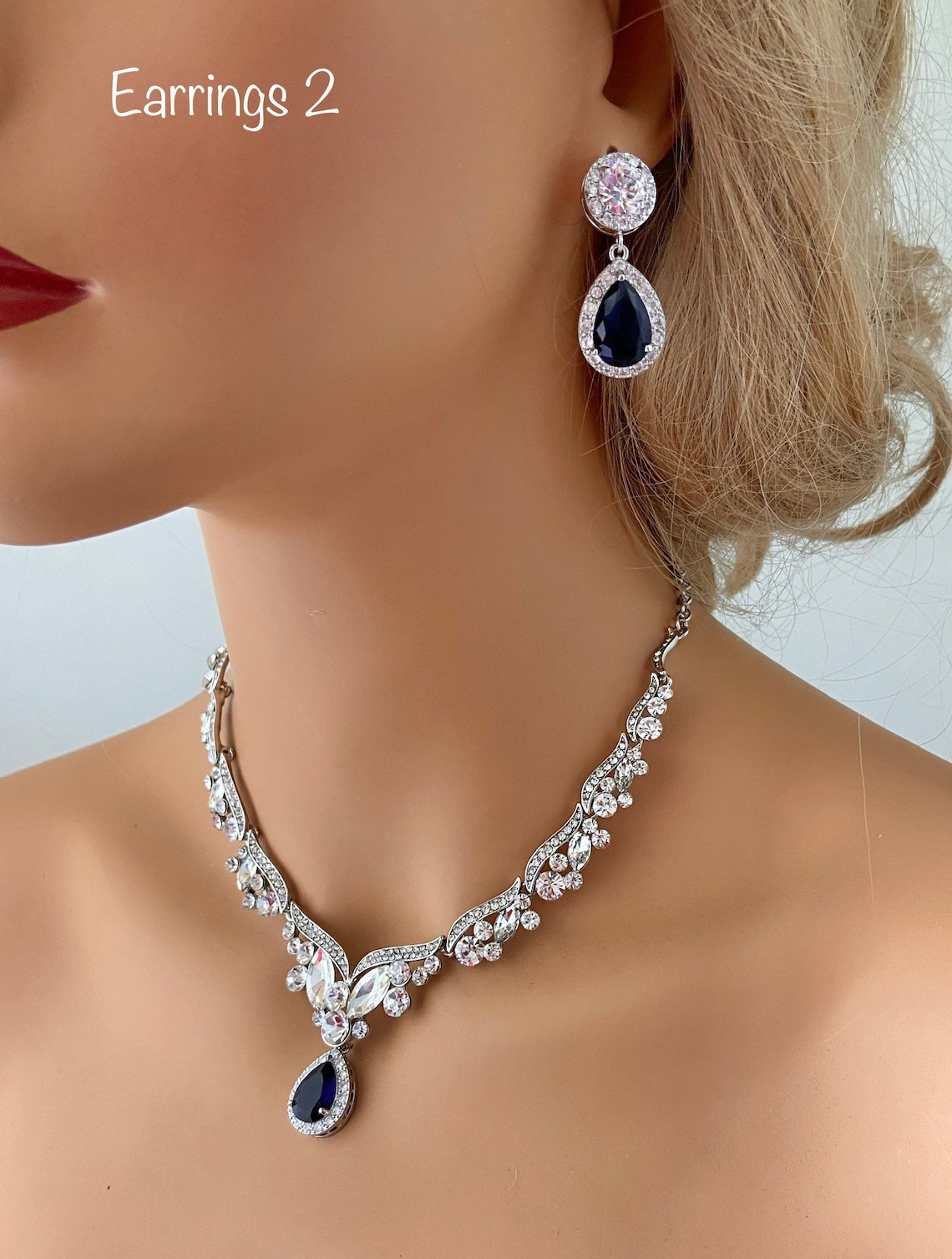 Blue Wedding Necklace Bridal Necklace Sapphire Blue Tear Drop Etsy