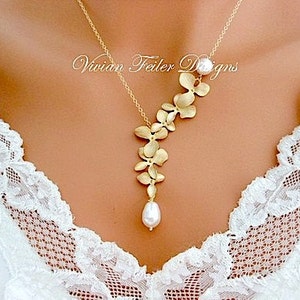 Wedding Necklace Bridal Pearl Necklace Gold Orchid Flowers Wedding Jewellery Bridesmaid Gift