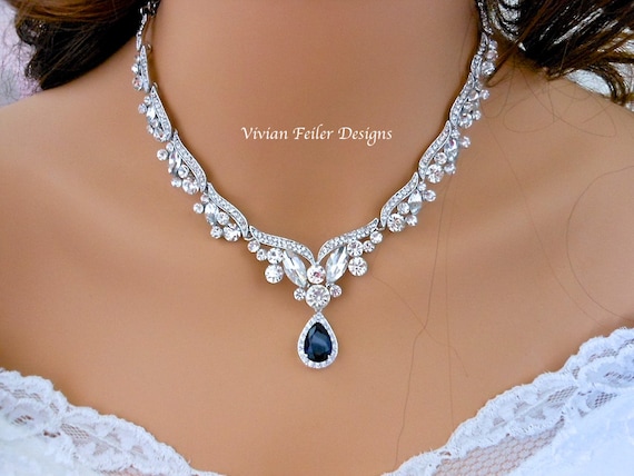 Blue Wedding Necklace Bridal Necklace Sapphire Blue Tear Drop