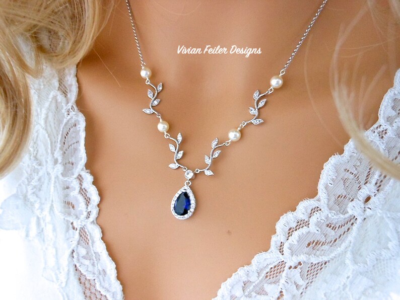 BLUE Sapphire Bridal Jewelry Set VINE Wedding Pearl Necklace Etsy