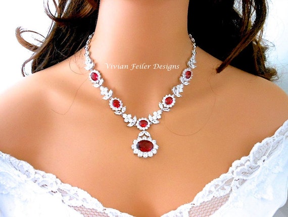 RED Wedding Jewelry Set Bridal NECKLACE and EARRINGS Also Emerald