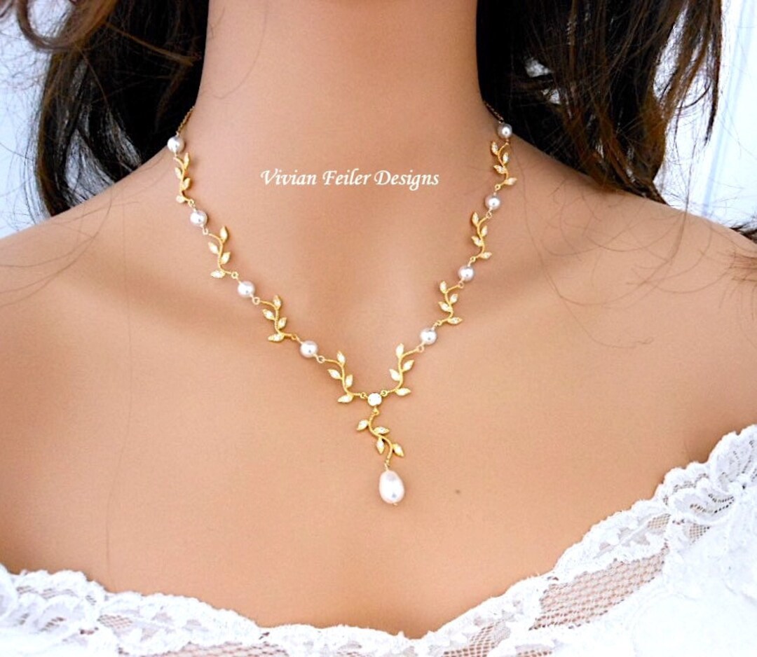 Gold Bridal Pearl Necklace VINE Wedding Y Leaf Cubic Zirconia Etsy