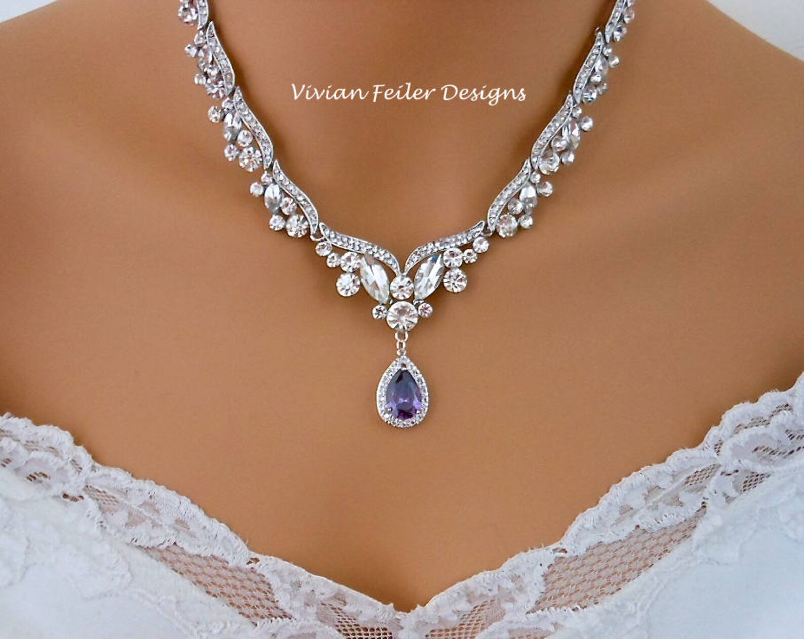 Blue Wedding Necklace Bridal Necklace Sapphire Blue Tear Drop Etsy