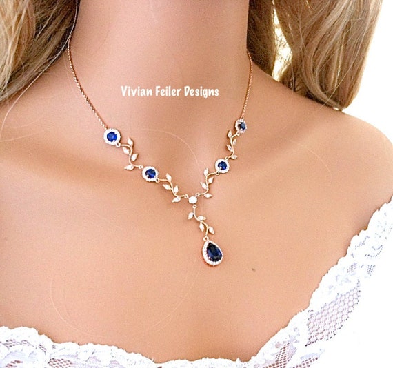 Rose Gold Sapphire Blue Wedding Necklace VINE Y Necklace Bridal