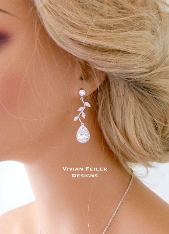 Wedding Earrings VINE Bridal Earrings Cubic Zirconia Bridal Etsy