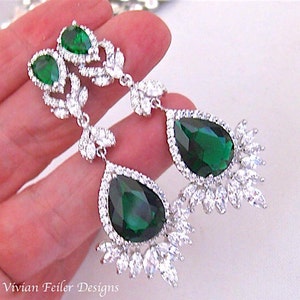 EMERALD GREEN Earrings Wedding Earrings Bridal STATEMENT Glamorous Tear Drop Pageant Earrings