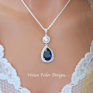 SAPPHIRE BLUE Bridal Necklace Tear Drop Glamorous Sparkly Wedding Jewelry Bling Cubic Zirconia Prom Wedding Jewellery