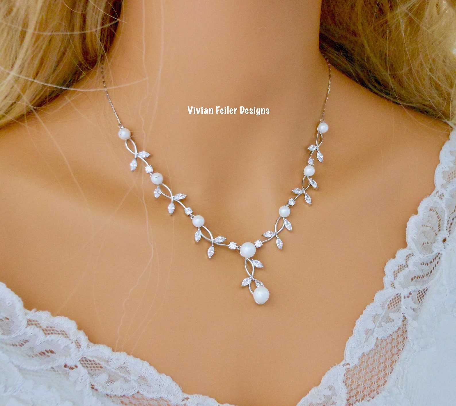 Vine Jewelry Set PEARL Wedding Bridal Necklace Earrings Silver - Etsy