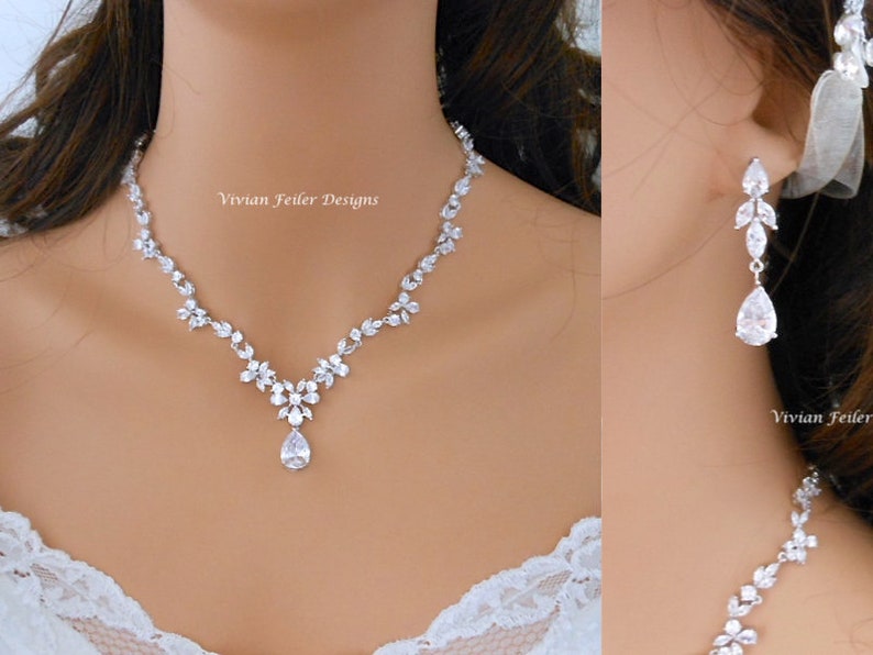 Bridal Jewelry Set Necklace Earrings PEARL Vintage Cubic Zirconia Jewelry Wedding Jewelry Set